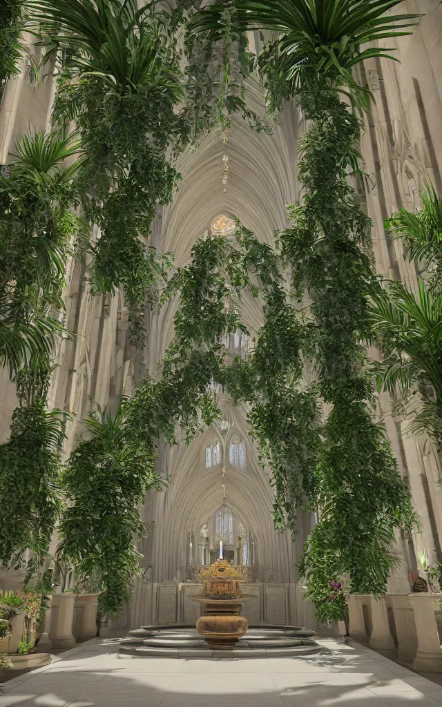 Image similar to beautiful grand cathedral interior with koi! pond!! in the! middle! surrounded by palm trees, ivy, flowers!!, tropical plants, roses!!, and with archways, rendered in octane render with photorealistic volumetric cinematic lighting, wide angle, horizontal symmetry, symmetrical! 8 k