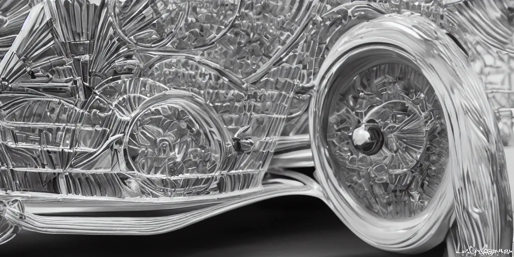 Prompt: Photo of a car designed by Rene Lalique, sigma 50mm, ƒ/8, hyper detailed.
