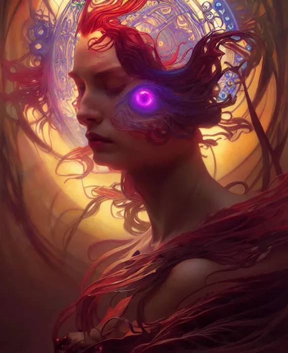 Image similar to a whirlwind of souls ushing inside the metaverse, half body, glowin eyes, d d, fantasy, intricate, elegant, highly detailed, colorful, vivid color, digital painting, artstation, concept art, art by artgerm and greg rutkowski and alphonse mucha and ruan jia