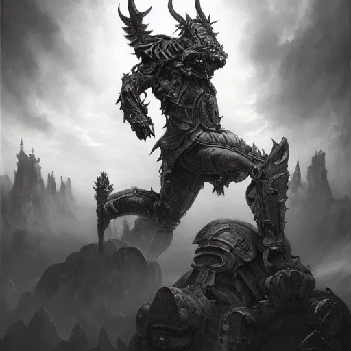 Image similar to By Tom Bagshaw and Boris Vallejo, ultra realist soft painting of a warzone by night, Gothic armored Minotaur, horror, omnious sky, symmetry accurate features, very intricate details, black and white, volumetric light clouds