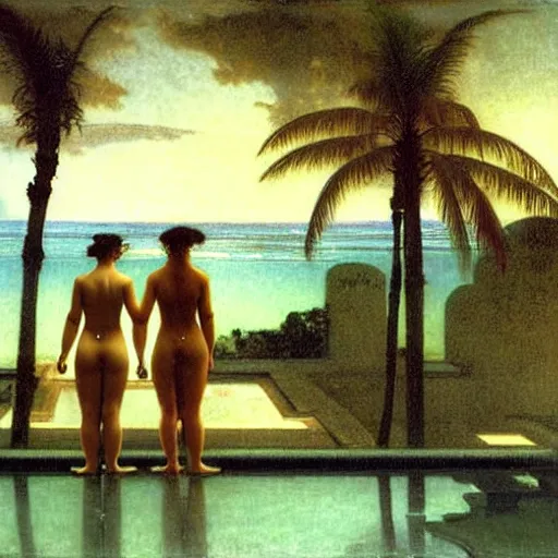 Image similar to Silhouette of two girls at the palace, thunderstorm, greek pool, beach and palm trees on the background major arcana sky, by paul delaroche, alphonse mucha and arnold böcklin arnold böcklin hyperrealistic 8k, very detailed