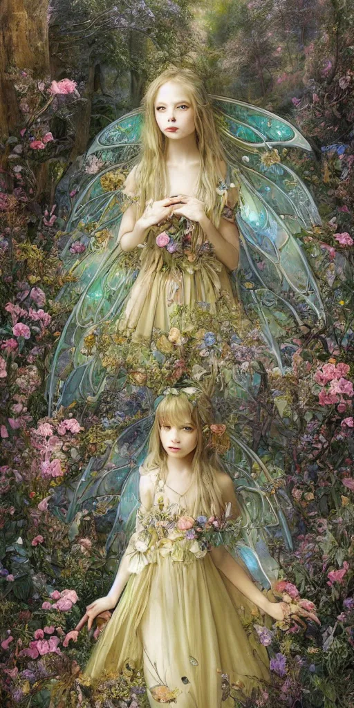 Prompt: breathtaking detailed soft painting of a little fairy princess in the distance of a luxurious twilight forest by Ayami kojima, Loputyn and matcha, golden rose dress of stained glass floating around, detailed realistyc symmetrical facial features, amalgamation of leaves and flowers, 8k, concept art, matte, sharp focus, rembrandt style