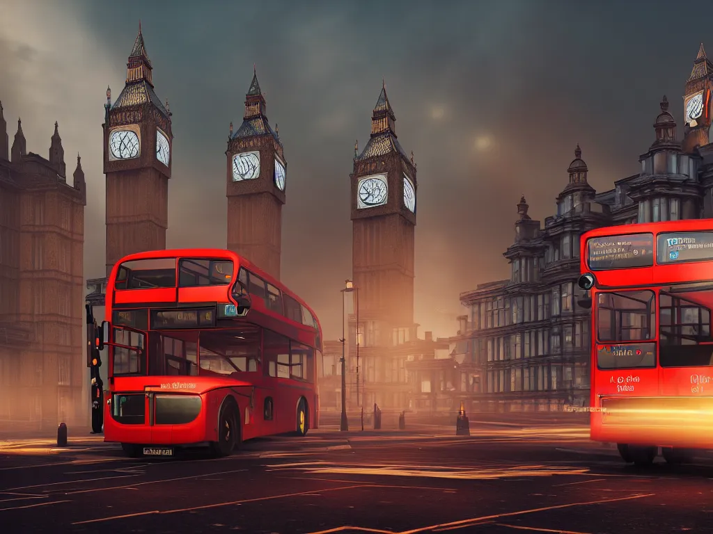 Image similar to an ancient beautiful cyborg with glowing eyes in the city of London, westminster in background, london bus, colourful, dramatic lighting, golden hour, very detailed octane render very realistic beautiful