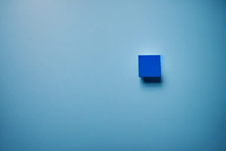 Prompt: single blue cube on white studio floor, soft light, 3 5 mm