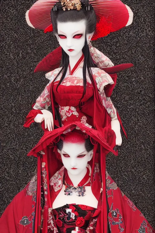 Image similar to avant - garde japanese bjd geisha vampire queen in victorian red dress in the style of dark - fantasy lolita fashion painted by yoshitaka amano, takato yamamoto, james jean, dmt art, symmetrical vogue face portrait, volumetrics, intricate detail, artstation, cgsociety, artgerm, gold skulls, rococo