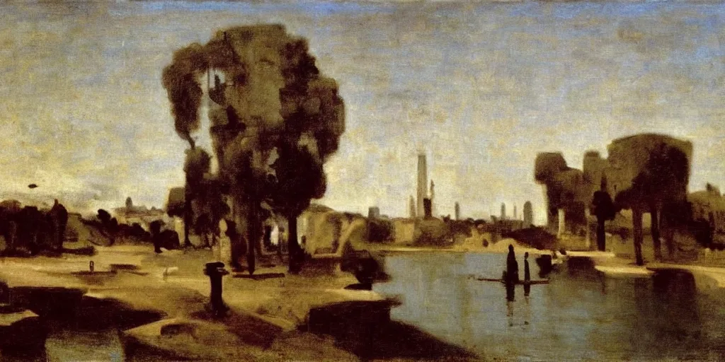 Prompt: The Invisible City by Calvino, painted by Camille Corot, oil on canvas