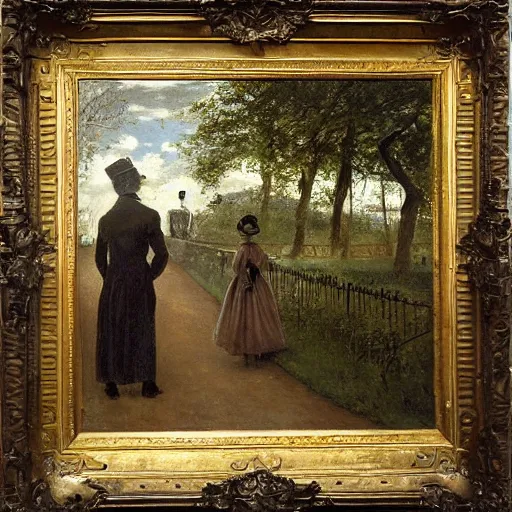 Image similar to young victorian man and woman adventuring in a maze, painted by alfred stevens