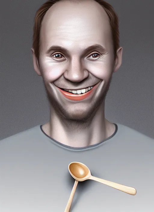 Image similar to portrait of a finnish young man with a spoon on top of his nose, big grin mouth barely closed, wrinkled eyes, wise forehead, big lips, sharp portruding chin, short youthful hair, white background with notes, youthful colours, thin sharp lines, digital painting, artstation, matte, sharp focus, illustration, realistic anime artstyle