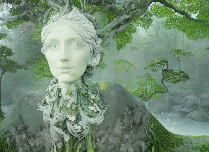 Image similar to an idealistic marble statue with fractal flowery hair and fair porcelain face and green eyes, in a magical forest, painted by, mc escher, gordon onslow ford, georgia o'keeffe and ivan aivazovsky, cinematic light, god rays, colourful, unreal engine, zbrush central,