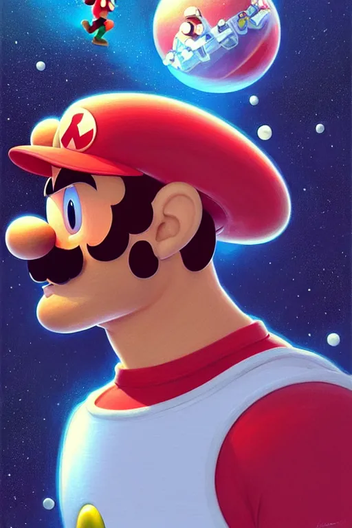 Image similar to gigachad luigi bodybuilder in space by ilya kuvshinov, ernest khalimov body by krista sudmalis, super mario bros symmetrical face concept art, hyper realistic, intricate, elegent, highly detailed, digital painting, concept art, smooth, sharp, focus, illustration, art by artgerm and greg rutkowski and alphonse mucha, artstation