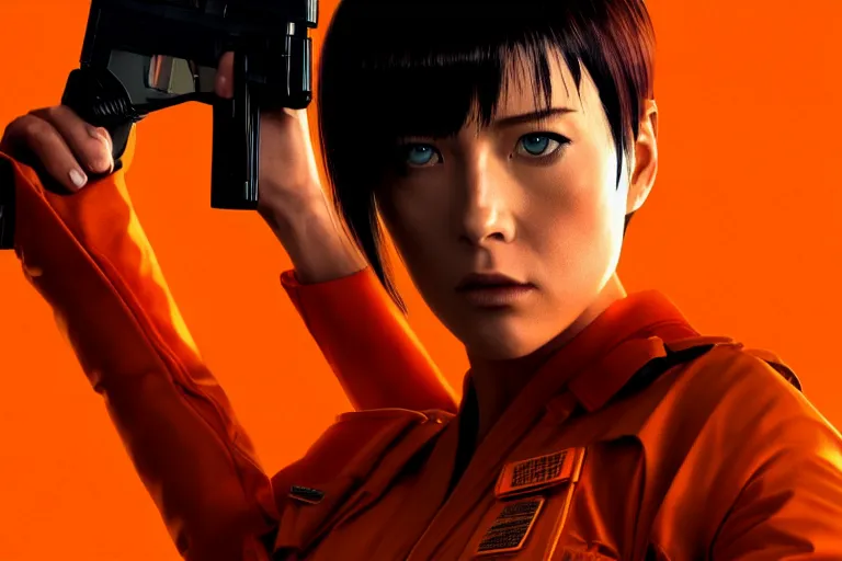 Image similar to major motoko wearing an orange prison jumpsuit, photography by fred palacio medium full shot still from bladerunner 2 0 4 9, sci fi, bladerunner, canon eos r 3, f / 3, iso 2 0 0, 1 / 1 6 0 s, 8 k, raw, unedited