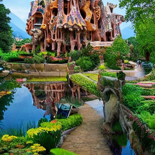 Prompt: valley village on the lake, waterfalls, flowers and intricate detailed visionary architecture and gardens by antoni gaudi, john stephens, alex gray