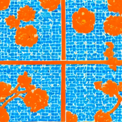 Image similar to “pattern of oranges and blossoms in a bright blue ocean, tiling”