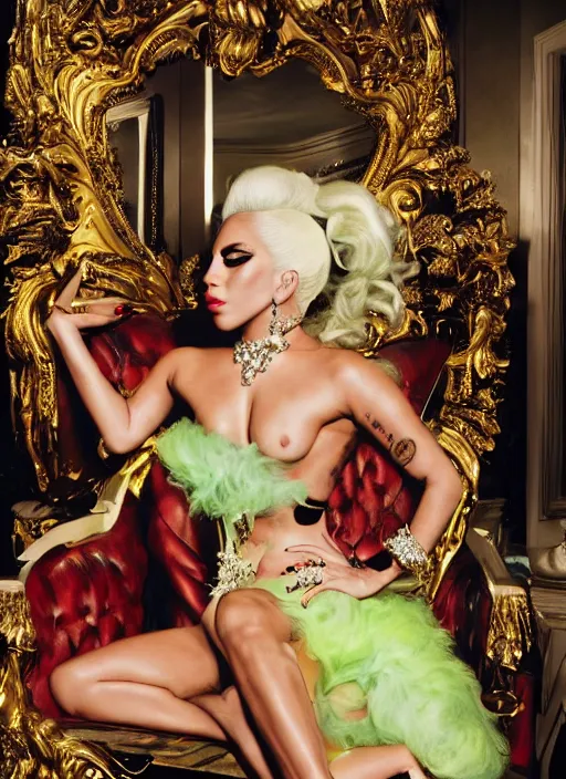 Image similar to lady gaga styled by david lachapelle posing in an expensive mansion setting , vogue magazine, Highly realistic. High resolution. Highly detailed. Dramatic. 8k.4k.