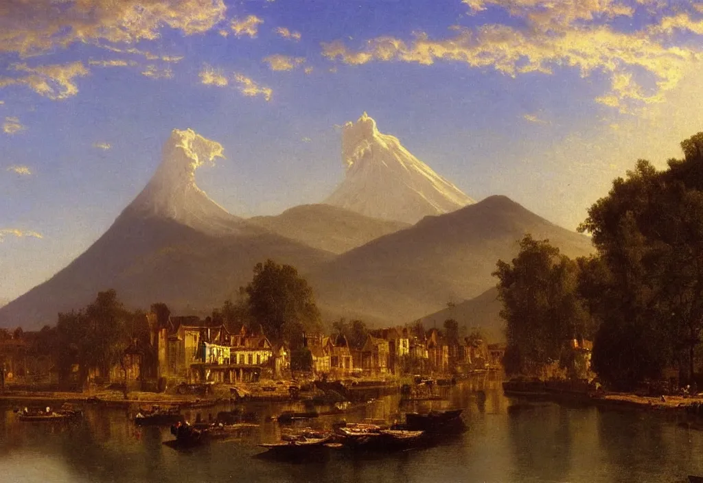 Prompt: a riverside medieval town, massive river, beautiful, high contrast, morning, albert bierstadt! dream a beautiful painting of a volcano oozing lava, pyroclastic clouds forming by albert bierstadt