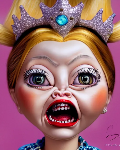 Image similar to closeup profile portrait of a tin toy ivanka trump screaming as a fairytale princess chucky doll wearing a crown and eating cakes, bikini, hyper realistic, artstation, illustration, nicoletta ceccoli, mark ryden, lostfish, max fleischer, digital paint, matte paint, vivid colors, bright, cheerful, detailed and intricate environment