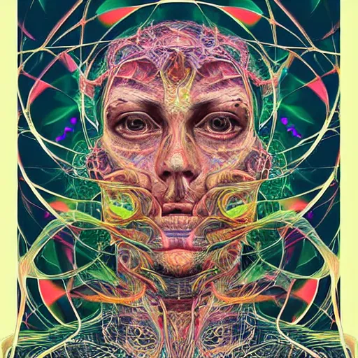 Image similar to a digital painting of a man's face, digital art by android jones and amanda sage, behance contest winner, psychedelic art, biomorphic, rendering in intricate poster art, tarot card lovecraftian, outlined art