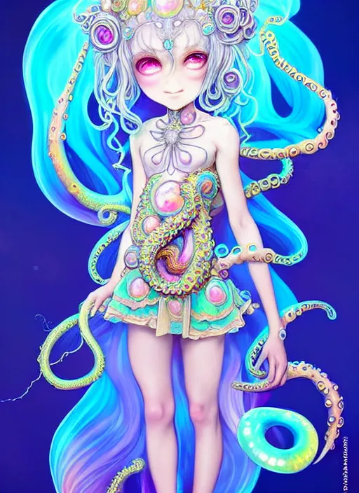 Image similar to A full body shot of a cute young magical girl wearing an ornate dress made of opals and tentacles. Chibi Monster GIrl. Subsurface Scattering. Dynamic Pose. Translucent Skin. Rainbow palette. defined facial features, symmetrical facial features. Opalescent surface. Soft Lighting. beautiful lighting. By Giger and Ruan Jia and Artgerm and WLOP and William-Adolphe Bouguereau and Loish and Lisa Frank. Fantasy Illustration. Sailor Moon. Masterpiece. trending on artstation, featured on pixiv, award winning, cinematic composition, dramatic pose, sharp, details, Hyper-detailed, HD, HDR, 4K, 8K.