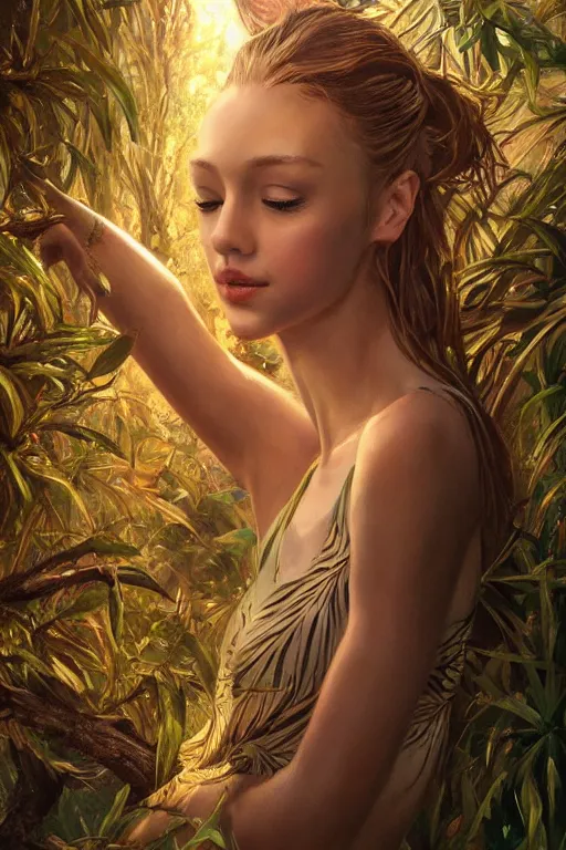 Prompt: stunningly beautiful, giesha prima ballerina in jungle, symmetrical face, golden hour, smooth, focus, highly detailed, hyper realistic, dramatic lighting, elegant, intricate, concept art, art by wlop, mars ravelo, greg rutowski, artstation