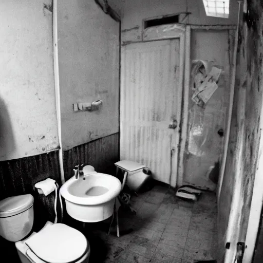 Image similar to a wide angle 3 5 mm film photography of a dirty cluttered bathroom somewhere in eastern europe, evocating a feeling of child wonder and endless possibilities