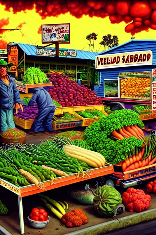 Image similar to a hyperrealistic painting of a roadside vegetable stand ran by mutant farmers. cinematic horror by jimmy alonzo, the art of skinner, chris cunningham, lisa frank, richard corben, highly detailed, vivid color,