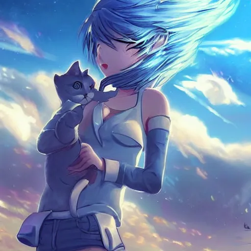 Image similar to nuclear bomb destroying all buildings at the distance, anime girl with her kitty, yumei art, Artstation, pinterest 8k hyper-detailed