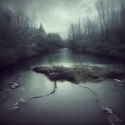 Image similar to grunge painting of a beautiful river landscape by michal karcz., taken by a disposable camera | horror | nightmare