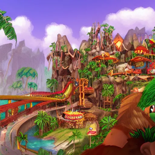 Prompt: digital concept art of donkey kong country theme park, artstation, high quality