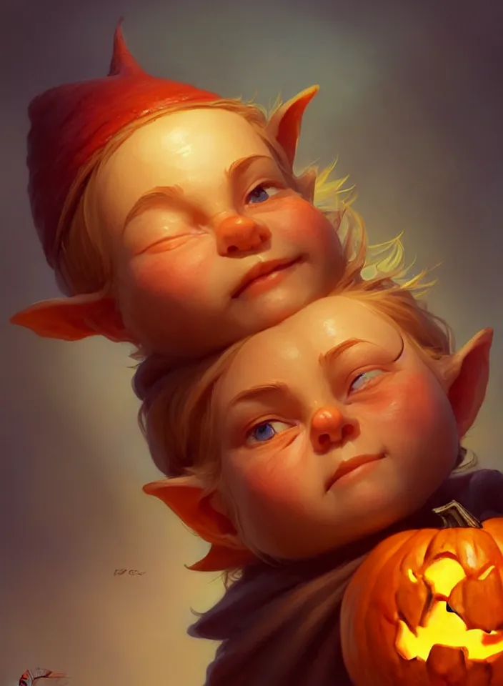 Image similar to hand drawn cute one gnomes face in autumn and pumpkin, detailed closeup face, concept art, low angle, high detail, warm lighting, volumetric, godrays, vivid, beautiful, trending on artstation, art by artgerm and greg rutkowski and alphonse mucha