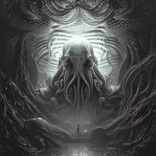 Image similar to human looking at big monstrosity portrait of Cthulhu, hyperdetailed, artstation, cgsociety, by greg rutkowski, by Gustave Dore