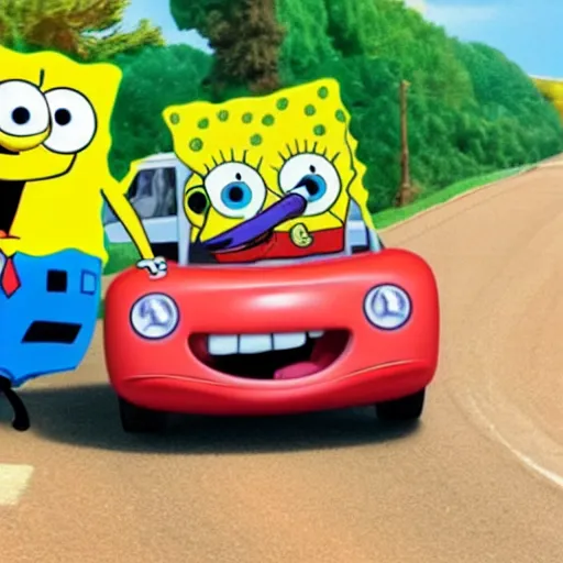 Image similar to spongebob and patrick driving a car on a road