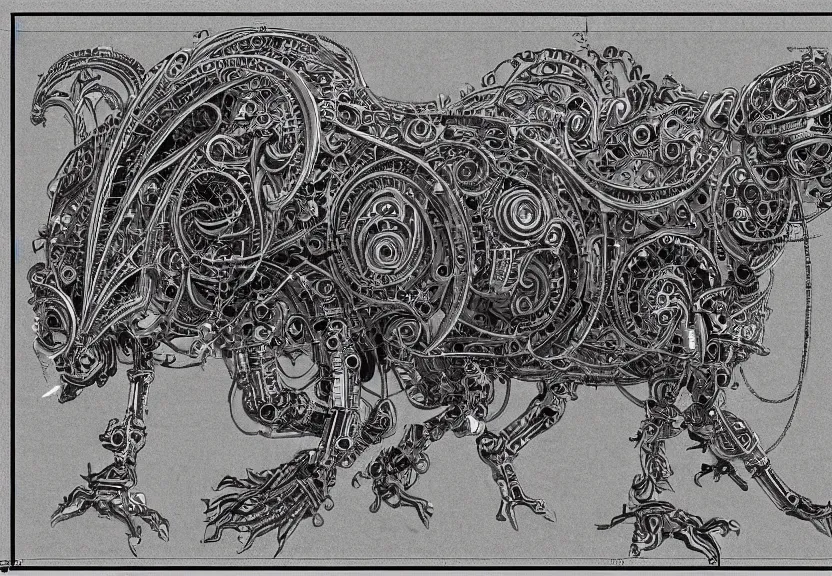 Image similar to spacious schematic blueprint of highly detailed ornate filigreed convoluted ornamented elaborate cybernetic rat standing in a white void, full body, character design, inside frame, art by da vinci