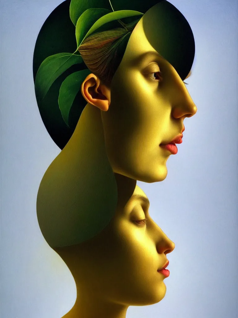 Prompt: hyperrealistic still life portrait woman's face in profile, beautiful plants, sacred geometry, sacred geometry, light refracting through prisms in a tesseract, by caravaggio, botanical print, surrealism, vivid colors, serene, golden ratio, rule of thirds, negative space, minimalist composition, by rene magritte