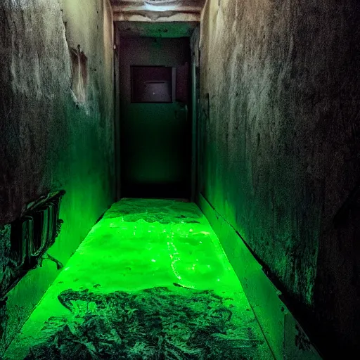 Prompt: a glowing green coffin inside a dilapidated hallway