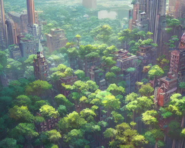 Image similar to a wholesome animation key shot of an overgrown New York covered in nature, overhead shot, wide shot, architecture, studio Ghibli, Pixar and Disney animation, sharp, very detailed, high resolution, inspired by Hayao Miyazaki, anime key art by Greg Rutkowski, Bloom, dramatic lighting