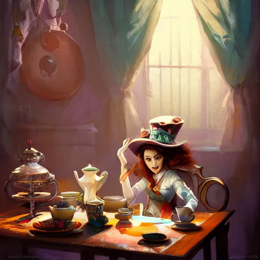 Image similar to female mad hatter sitting at tea table, by Jordan Grimmer and greg rutkowski, crisp lines and color,