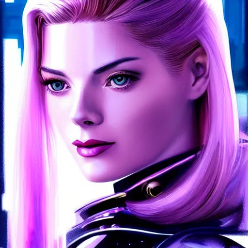 Prompt: A combination of Grace Kelly's and Katheryn Winnick's and Ashley Greene's faces with short violet hair as Cortana, cyberpunk style, synthwave aesthetic, fantasy, intricate, elegant, highly detailed, digital painting, artstation, concept art, matte, sharp focus, illustration, half body portrait, anime style, art by Artgerm and Greg Rutkowski and Alphonse Mucha