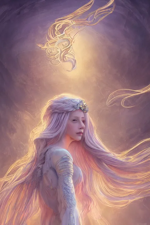 Image similar to breathtaking detailed soft painting of a knight queen with long flowing blue hair, pastel flower petals flying, at dawn in front of a pristine golden art nouveau cathedral, elegant, volumetric lighting, highly detailed, artstation, concept art, matte, sharp focus, art by pilyeon,