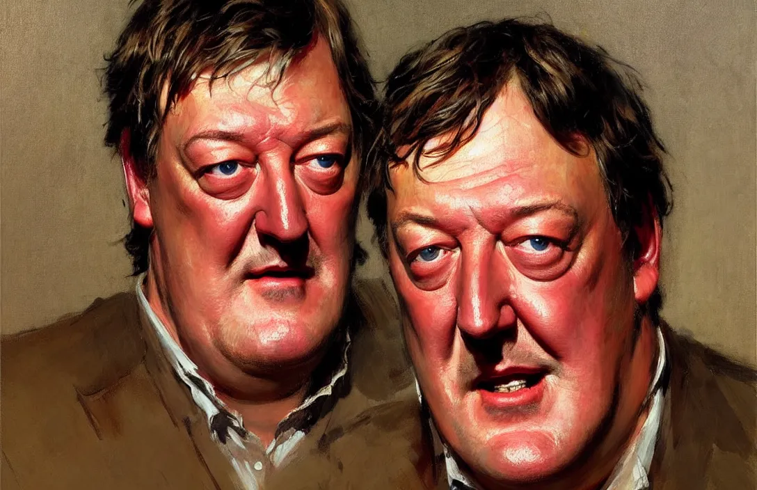 Prompt: portrait of stephen fry!!!!!!!!!!!!!!!!!!!!!!!!!!!, detailed face, detailed painting, epic lighting, by ilya repin, phil hale and kent williams