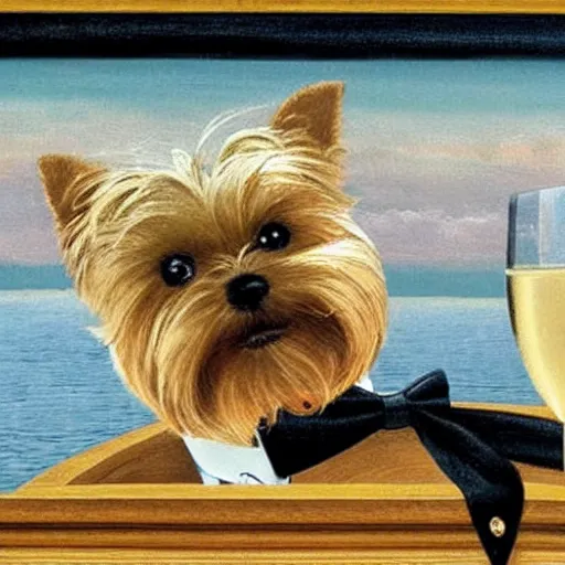 Image similar to a Yorkshire terrier wearing a black bow tie and drinking a bottle of champagne on a yacht in heaven, extremely detailed masterpiece, illustration, by Michael Sowa,