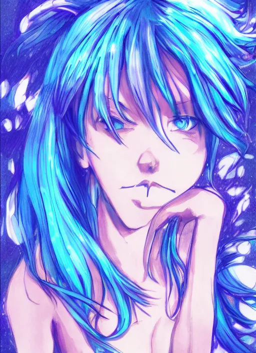 Image similar to a woman with blue hair sitting underwater, a beautiful anime drawing by yuumei, featured on pixiv, rayonism, pixiv, seapunk, very anime anime!! detailed
