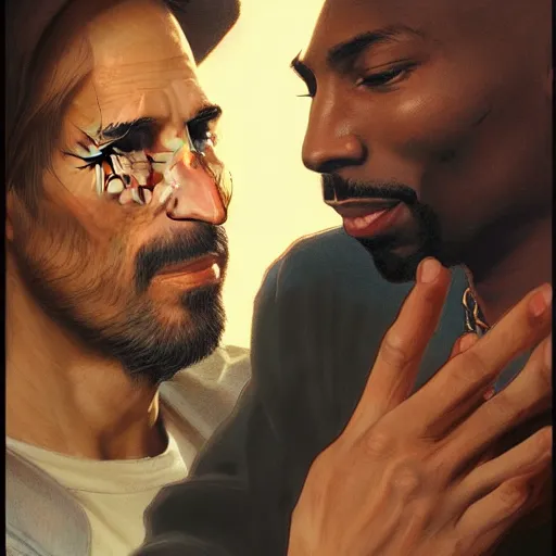 Image similar to Portrait of steve jobs and tupac sitting in heaven and smoking weed, intricate, highly detailed, digital painting, artstation, concept art, smooth, sharp focus, art by artgerm and greg rutkowski and alphonse mucha