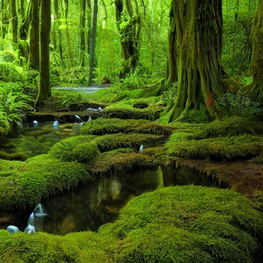 Image similar to 1 0 round pools of water in an open forest, the wood between the worlds, narnia, cs lewis, lush green forest, moss and ferns, ferns,