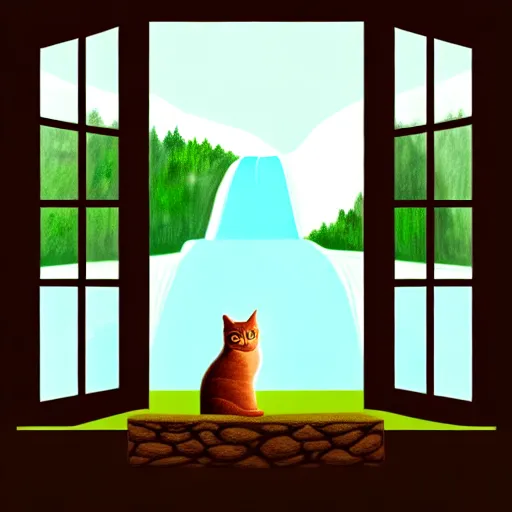 Image similar to a beautiful landscape including a waterfall and a forest through a window, cat sitting on the edge of the window, illustration, digital art, trending on artstation, no signature