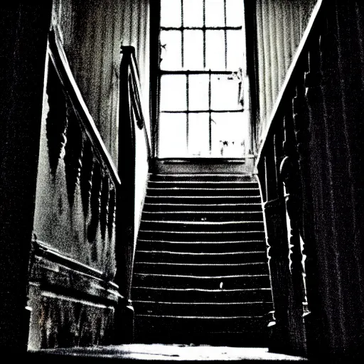 Image similar to grainy photograph of a dark and dilapidated staircase with 2 1 savage sitting on the bottom step, positioned at the bottom step looking up the staircase, a ghost inn the darkness at the top of the stairs