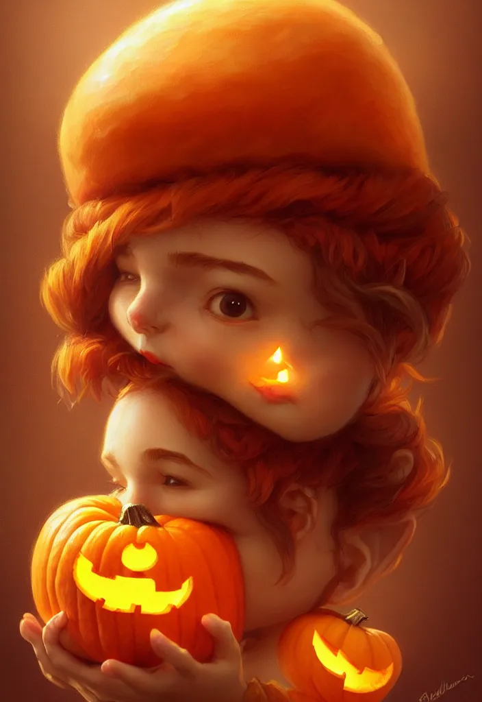 Image similar to hand drawn cute one gnomes face in autumn disguise holding pumpkin, detailed closeup face, concept art, low angle, high detail, warm lighting, volumetric, godrays, vivid, beautiful, trending on artstation, art by artgerm and greg rutkowski and alphonse mucha