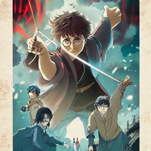 Prompt: poster for a film fantasy japanese animation called harry potter a new hope, 8 k, hd, dustin nguyen, akihiko yoshida, greg tocchini, greg rutkowski, cliff chiang