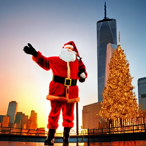 Prompt: santa claus in a sleigh in front of world trade center with a beautiful sunset in the background