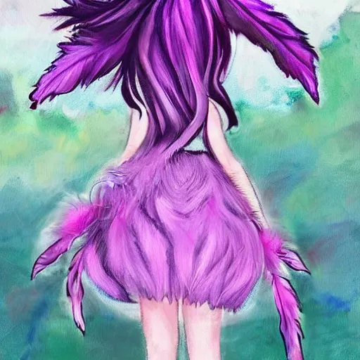 Image similar to little girl with eccentric pink hair wearing a dress made of purple feather, art by dcwj