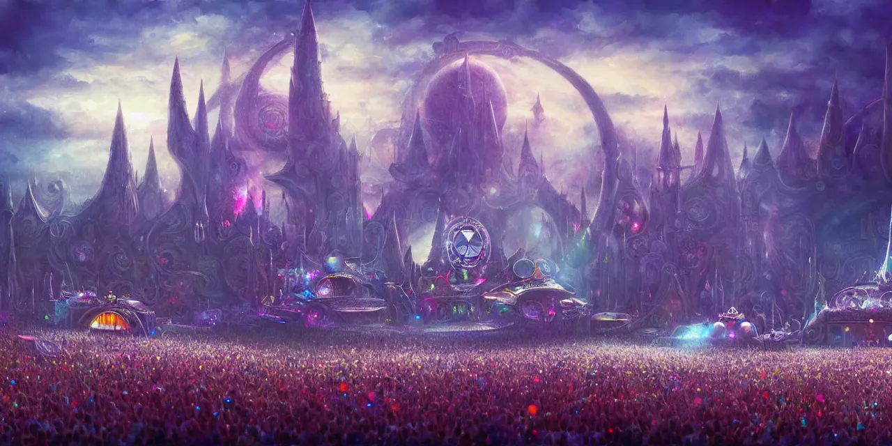 Image similar to tomorrowland, hyper - realistic illustration of a knight, in a sci - fi music festival, digital painting, sharp focus